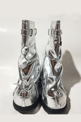 Wrapped Faux Leather Padlock Detail Folded Wedge Heel Mid Calf Chunky Biker Boots - Silver