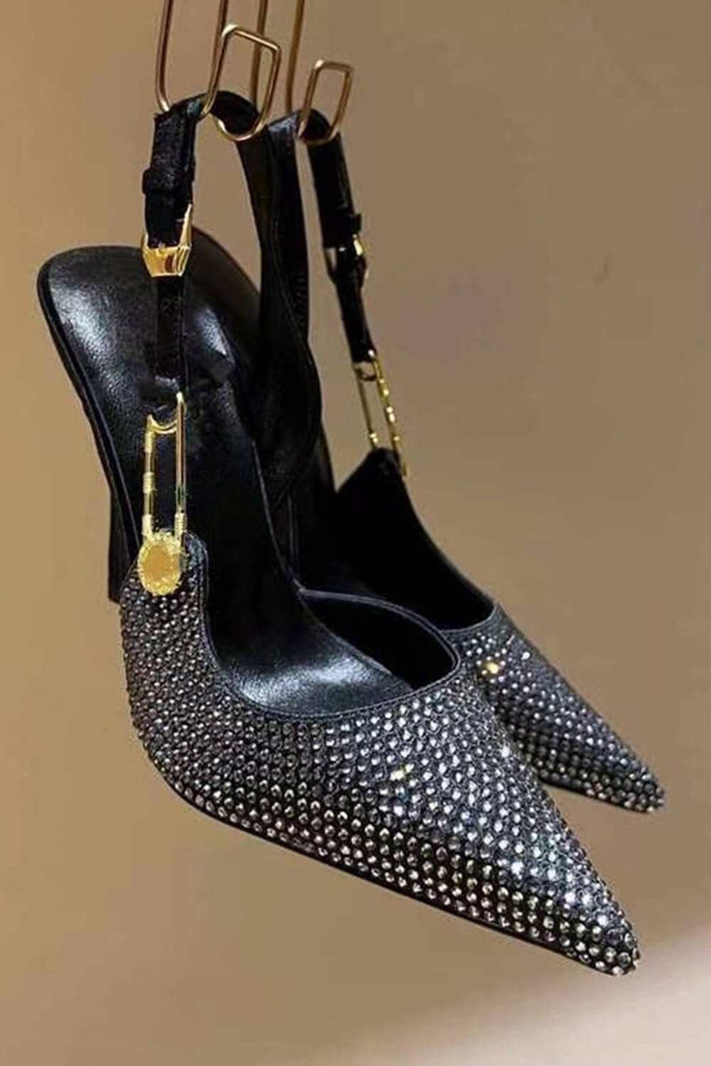 Sparkle Crystal Pin Pointed Toe Slingback High Stiletto Pump - Black