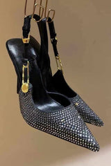 Sparkle Crystal Pin Pointed Toe Slingback High Stiletto Pump - Black