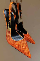 Sparkle Crystal Pin Pointed Toe Slingback High Stiletto Pump - Orange