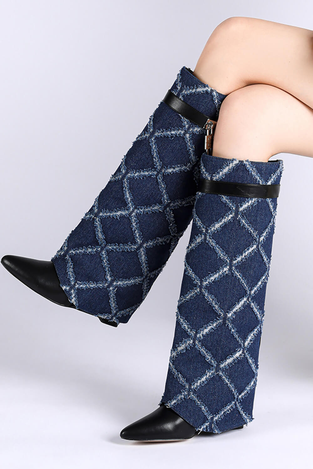 Denim Padlock Detail Fold Over Pointed Toe Wedge Heeled Boots - Dark Blue