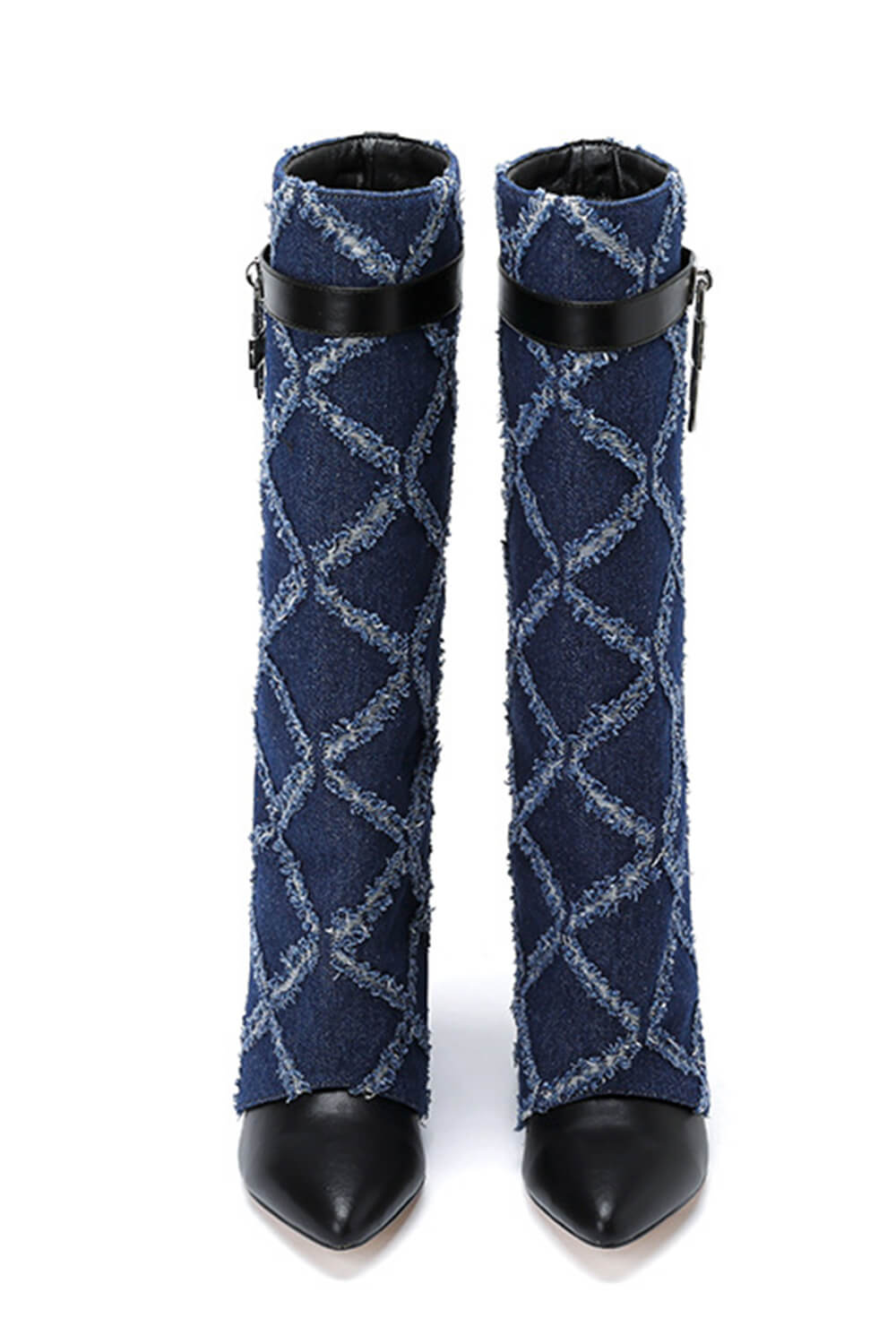 Denim Padlock Detail Fold Over Pointed Toe Wedge Heeled Boots - Dark Blue