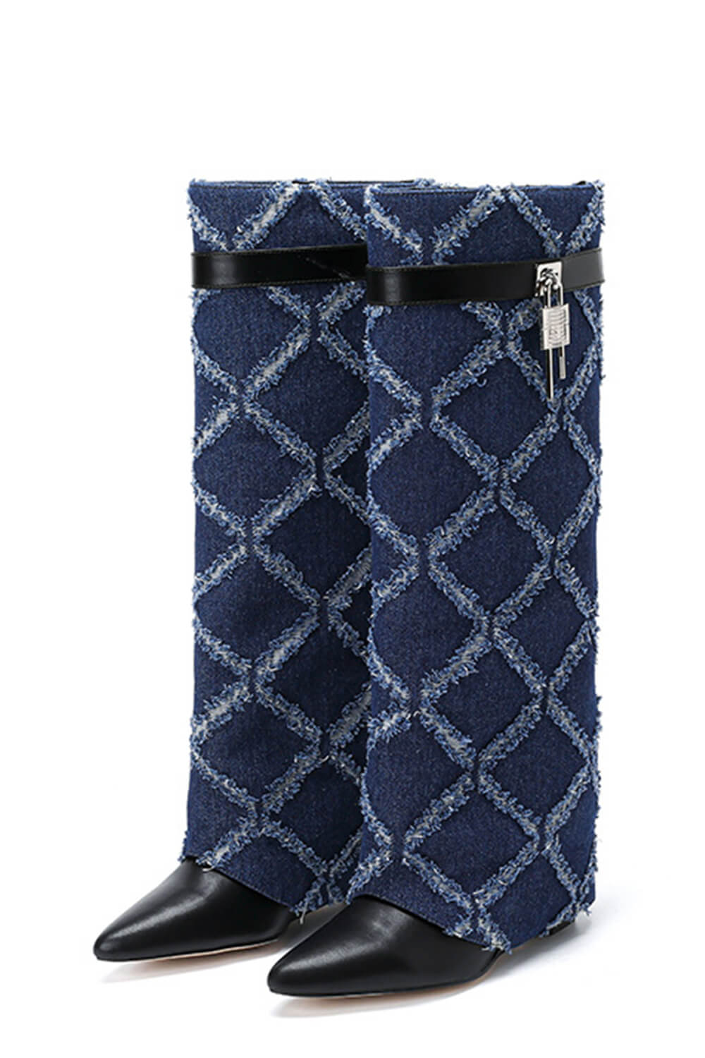 Denim Padlock Detail Fold Over Pointed Toe Wedge Heeled Boots - Dark Blue