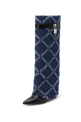 Denim Padlock Detail Fold Over Pointed Toe Wedge Heeled Boots - Dark Blue
