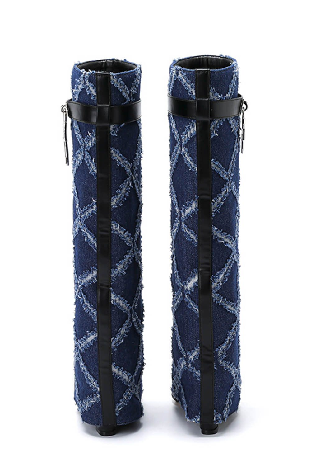 Denim Padlock Detail Fold Over Pointed Toe Wedge Heeled Boots - Dark Blue