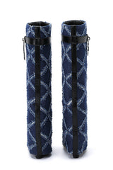 Denim Padlock Detail Fold Over Pointed Toe Wedge Heeled Boots - Dark Blue