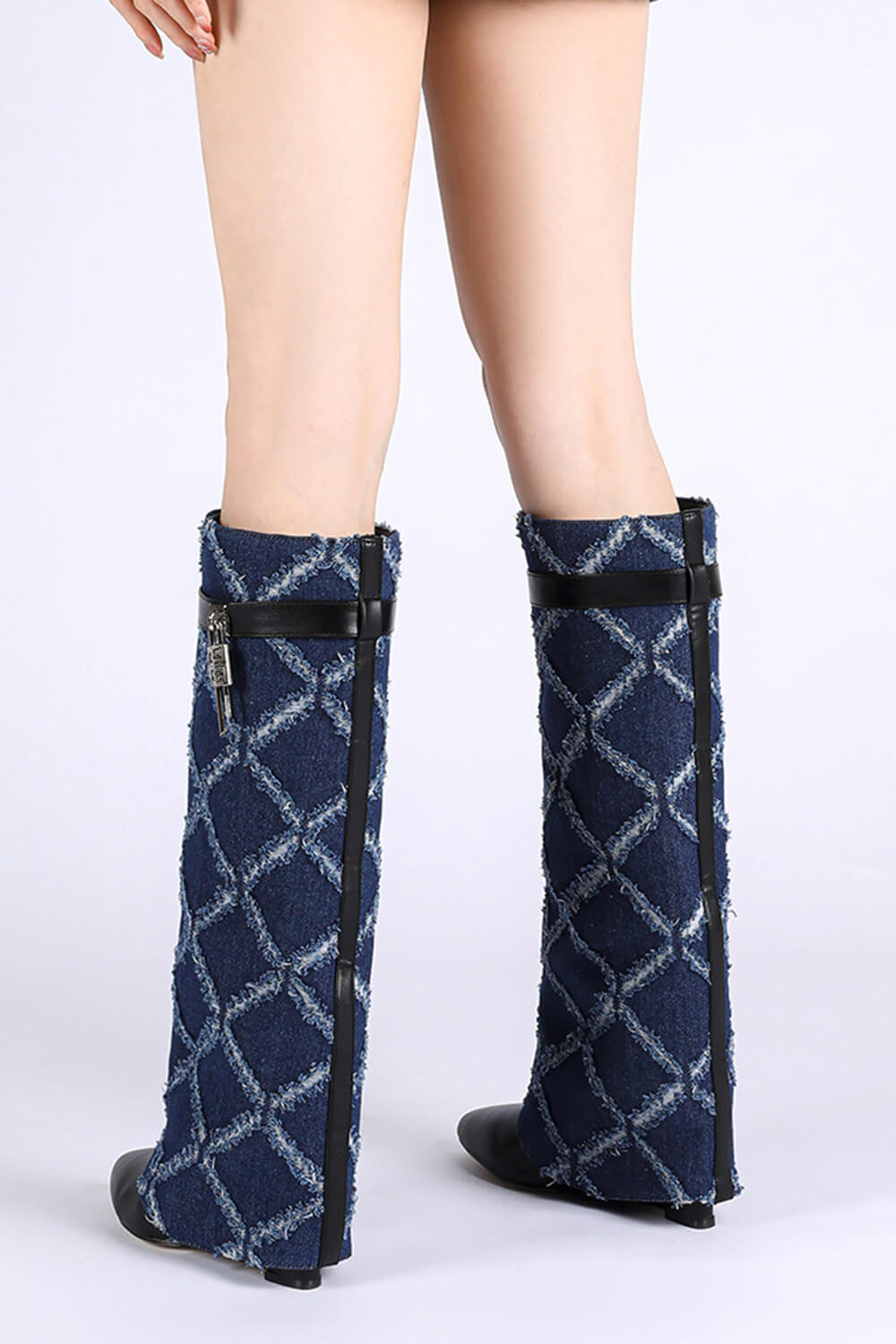 Denim Padlock Detail Fold Over Pointed Toe Wedge Heeled Boots - Dark Blue