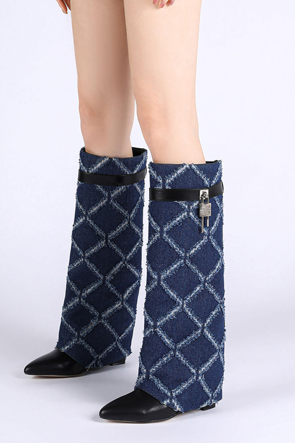 Denim Padlock Detail Fold Over Pointed Toe Wedge Heeled Boots - Dark Blue