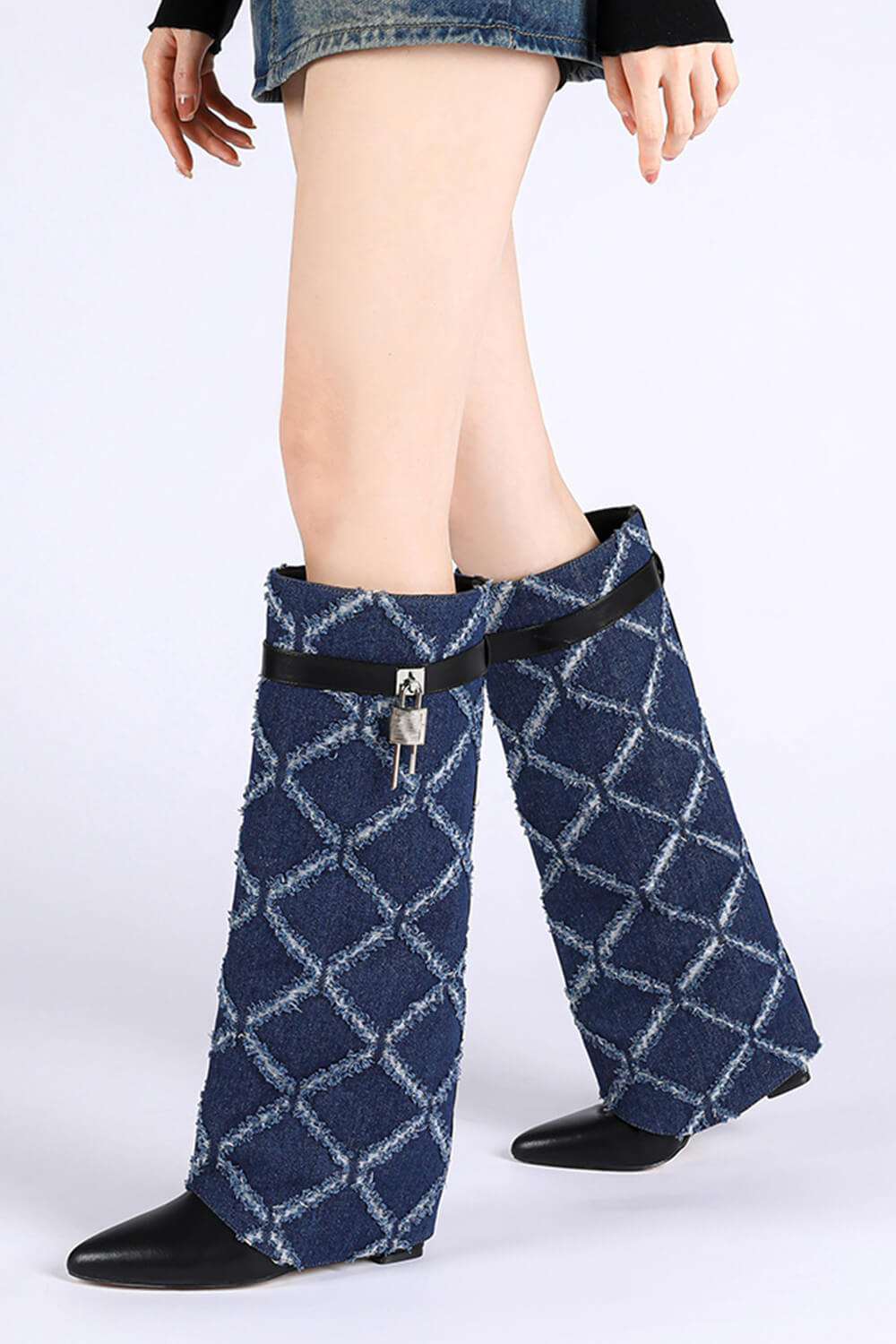 Denim Padlock Detail Fold Over Pointed Toe Wedge Heeled Boots - Dark Blue
