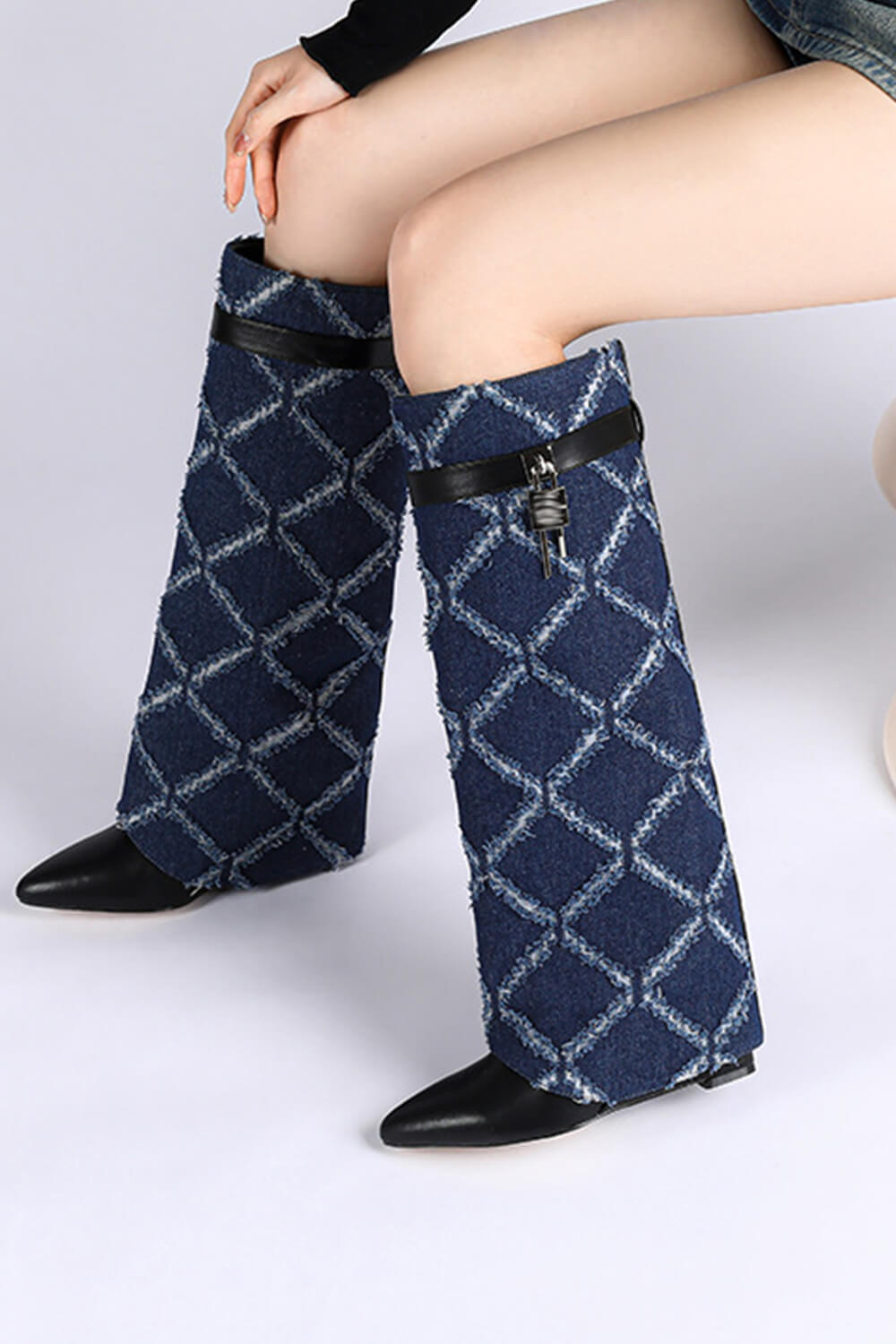 Denim Padlock Detail Fold Over Pointed Toe Wedge Heeled Boots - Dark Blue