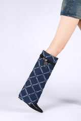Denim Padlock Detail Fold Over Pointed Toe Wedge Heeled Boots - Dark Blue