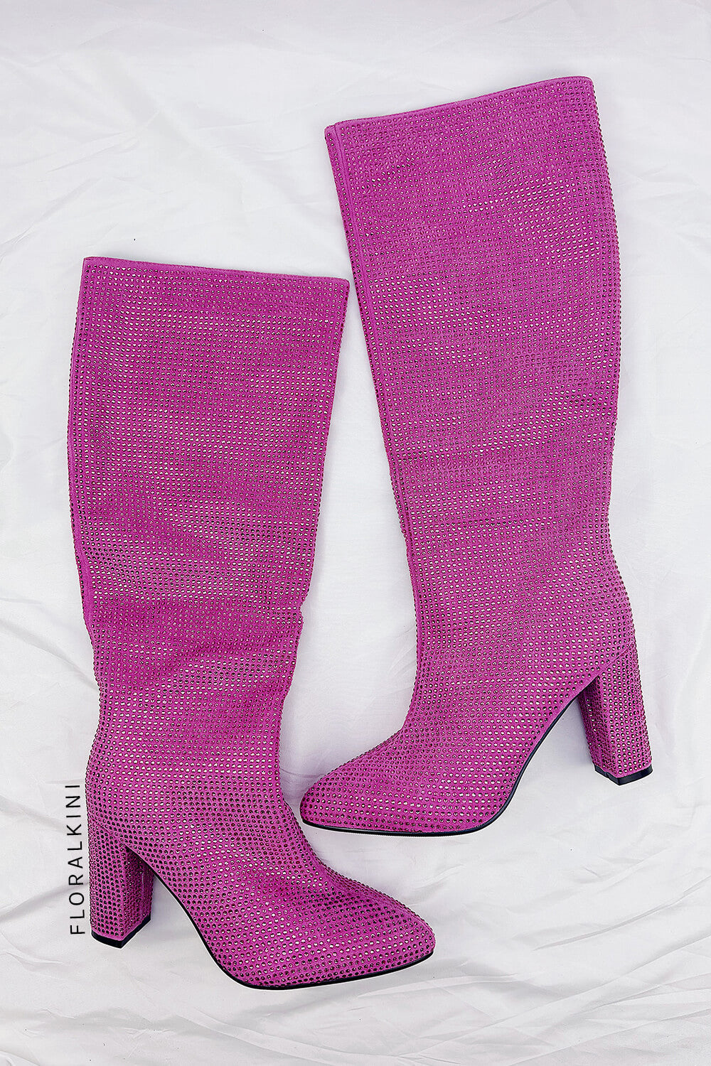 Glitter Knee High Pointed Toe Block Heeled Boots - Hot Pink