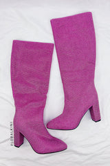 Glitter Knee High Pointed Toe Block Heeled Boots - Hot Pink