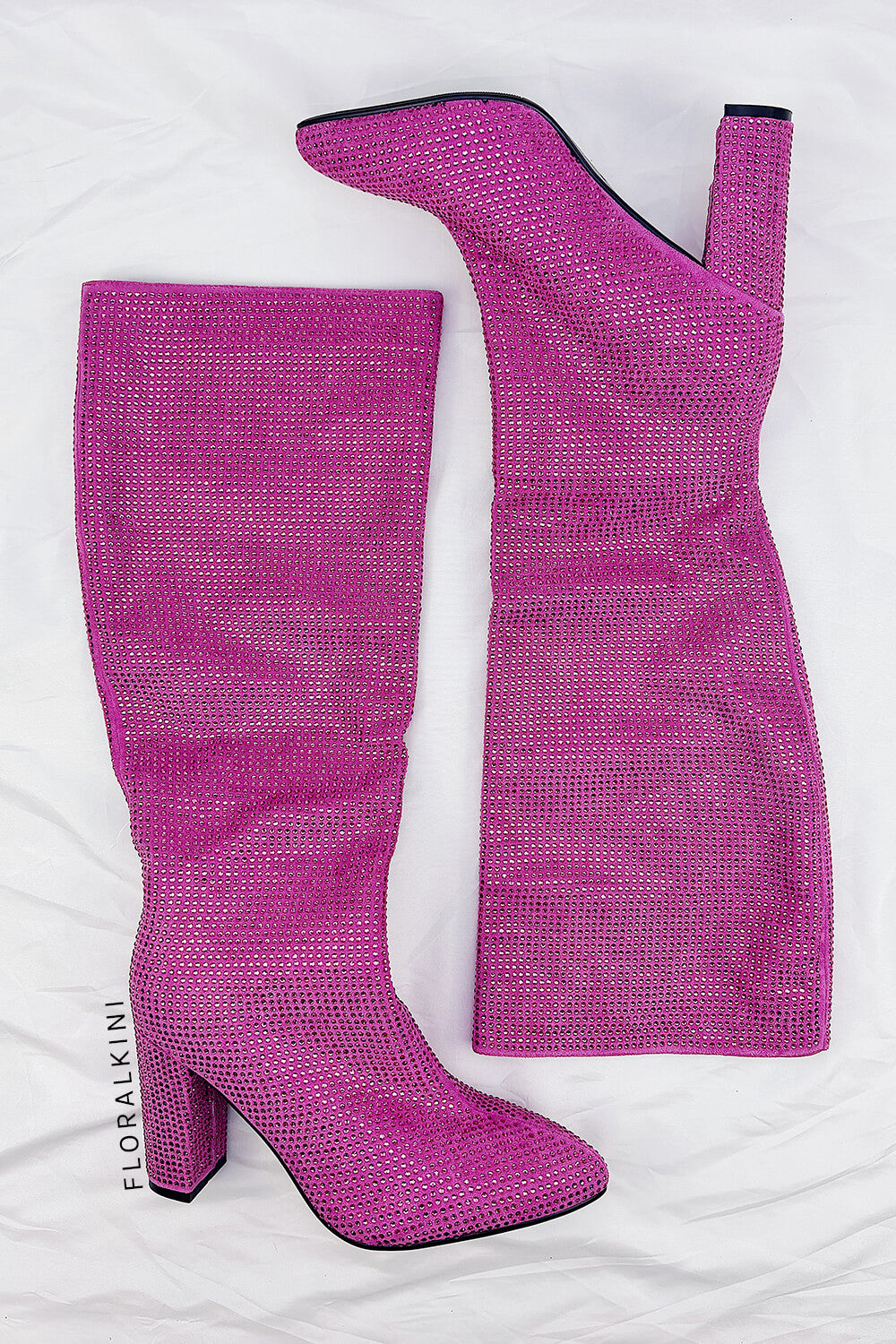 Glitter Knee High Pointed Toe Block Heeled Boots - Hot Pink