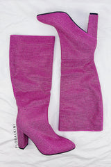 Glitter Knee High Pointed Toe Block Heeled Boots - Hot Pink