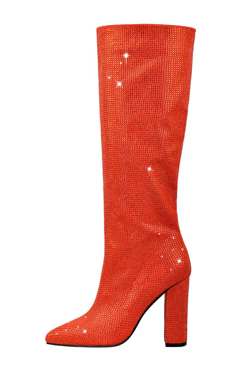 Glitter Knee High Pointed Toe Block Heeled Boots - Orange