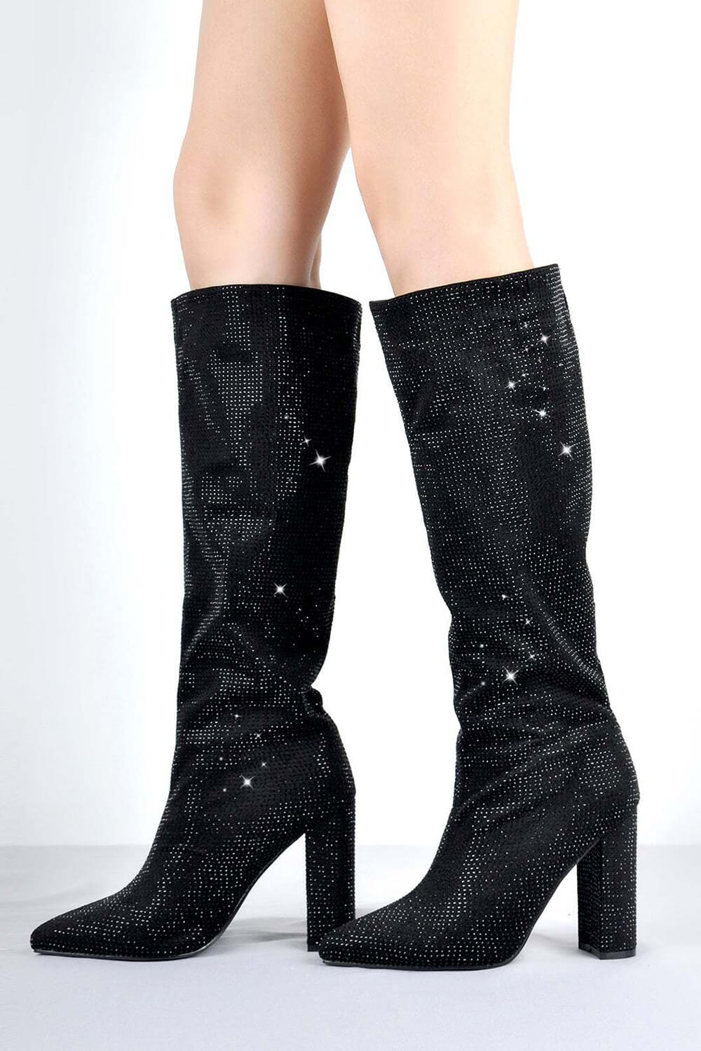 Glitter Knee High Pointed Toe Block Heeled Boots - Black