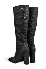 Glitter Knee High Pointed Toe Block Heeled Boots - Black