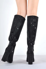 Glitter Knee High Pointed Toe Block Heeled Boots - Black