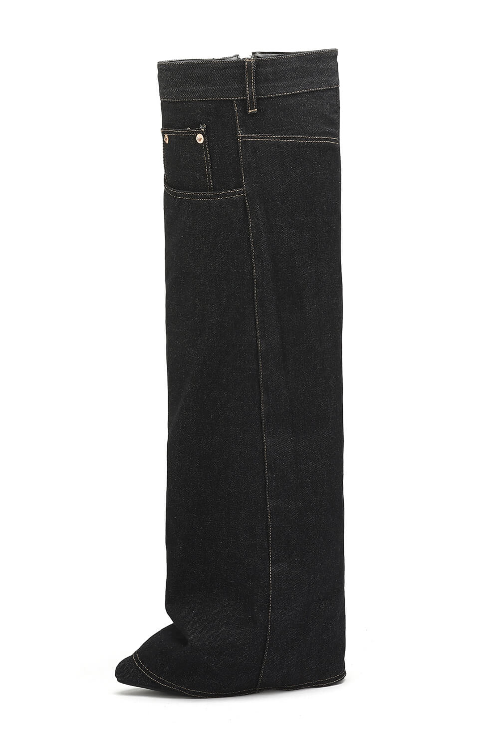 Denim Folded Pointed Toe Block Heel Over The Knee Pocket Boots - Black