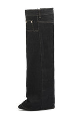 Denim Folded Pointed Toe Block Heel Over The Knee Pocket Boots - Black
