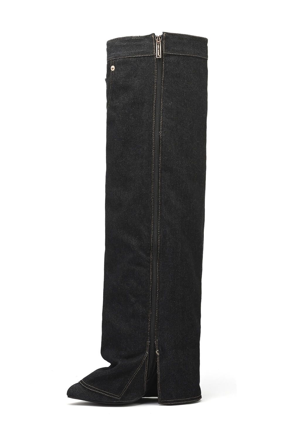 Denim Folded Pointed Toe Block Heel Over The Knee Pocket Boots - Black