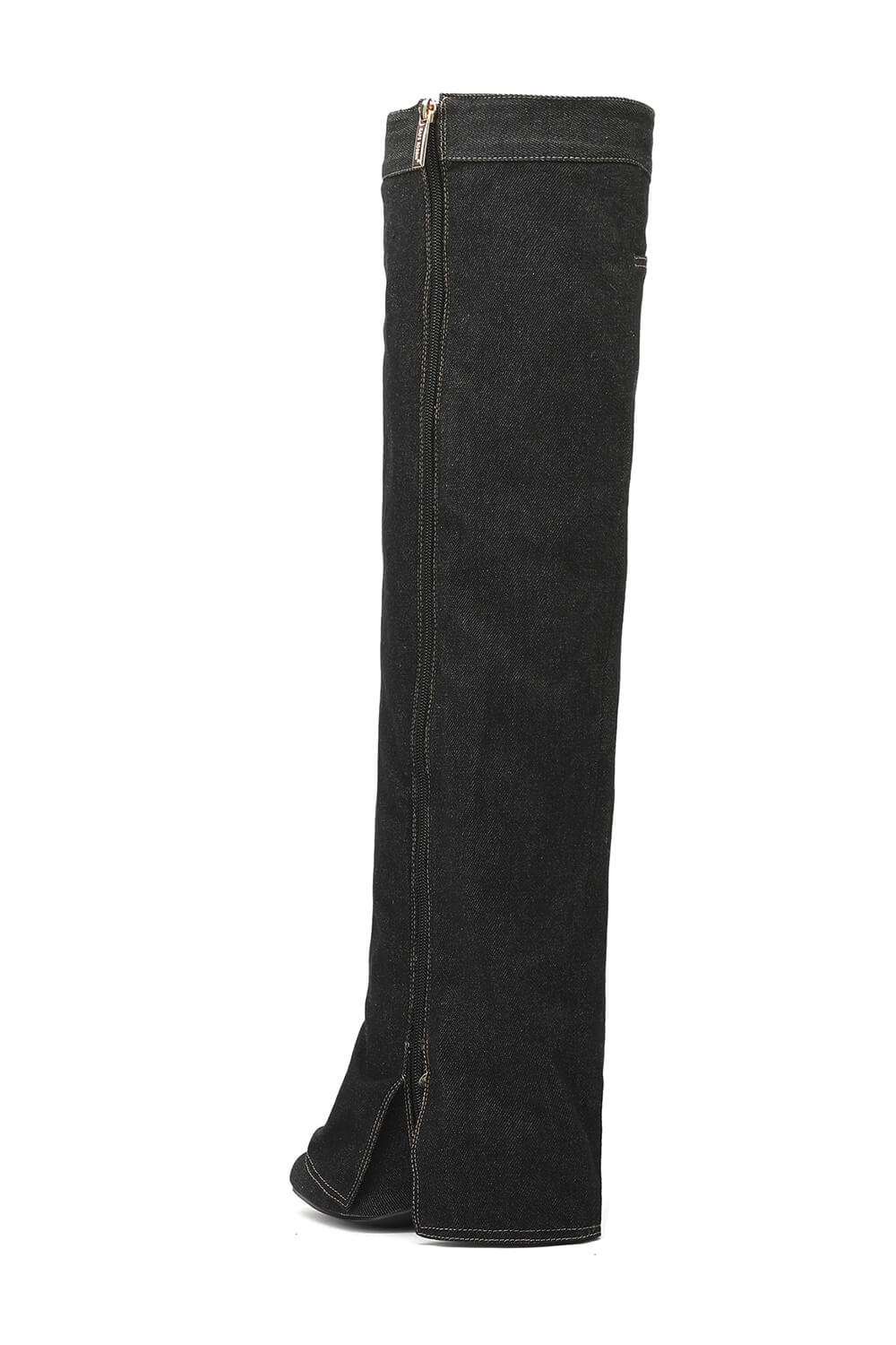 Denim Folded Pointed Toe Block Heel Over The Knee Pocket Boots - Black