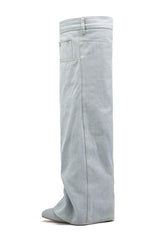 Denim Folded Pointed Toe Block Heel Over The Knee Pocket Boots - Light Blue