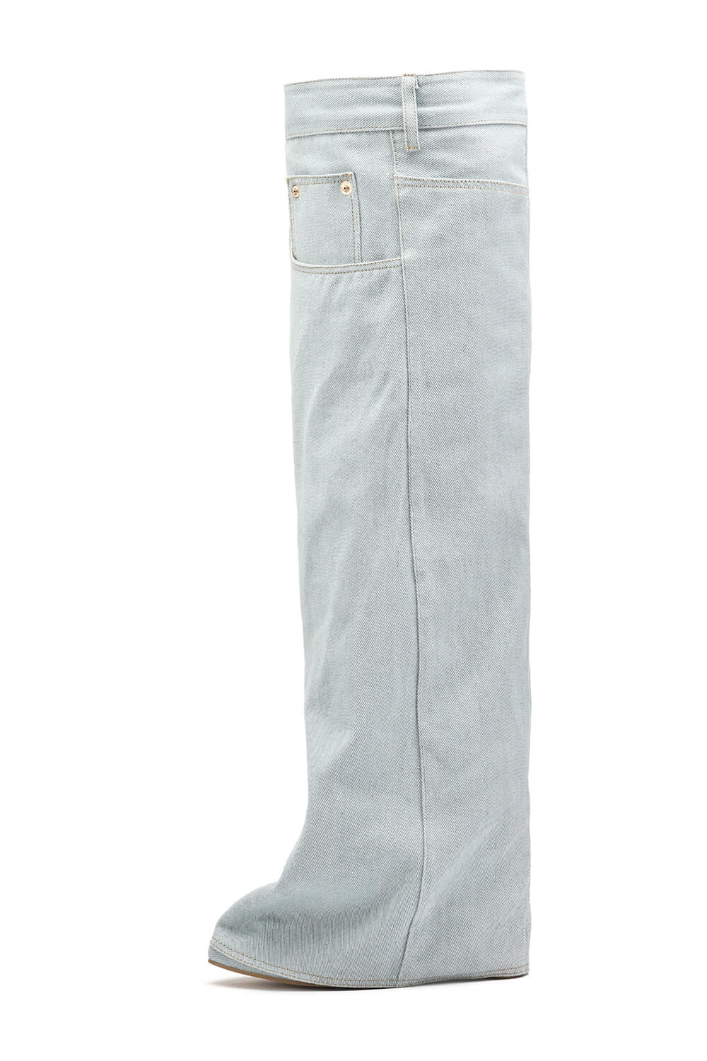Denim Folded Pointed Toe Block Heel Over The Knee Pocket Boots - Light Blue