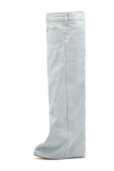 Denim Folded Pointed Toe Block Heel Over The Knee Pocket Boots - Light Blue