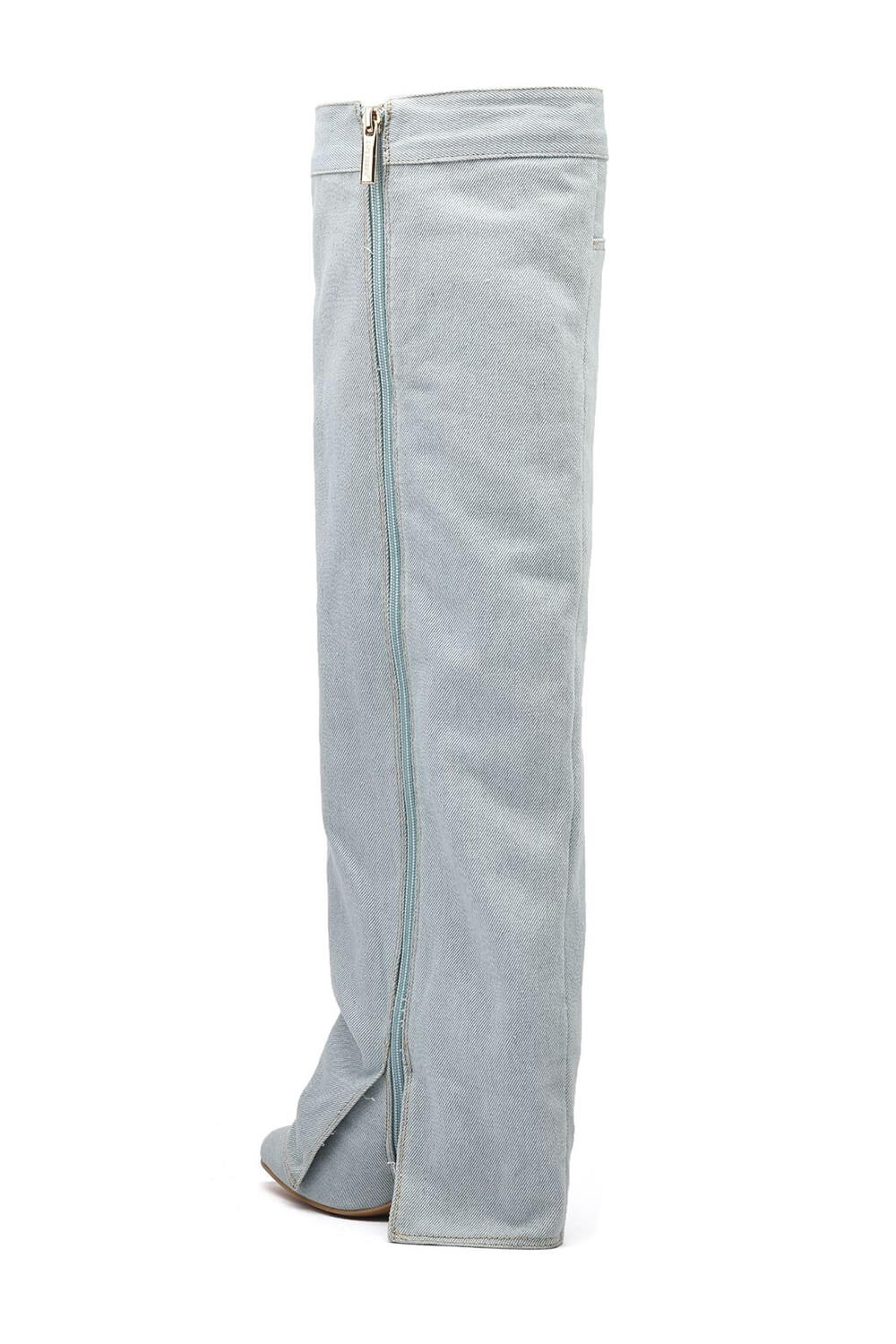 Denim Folded Pointed Toe Block Heel Over The Knee Pocket Boots - Light Blue