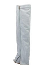 Denim Folded Pointed Toe Block Heel Over The Knee Pocket Boots - Light Blue