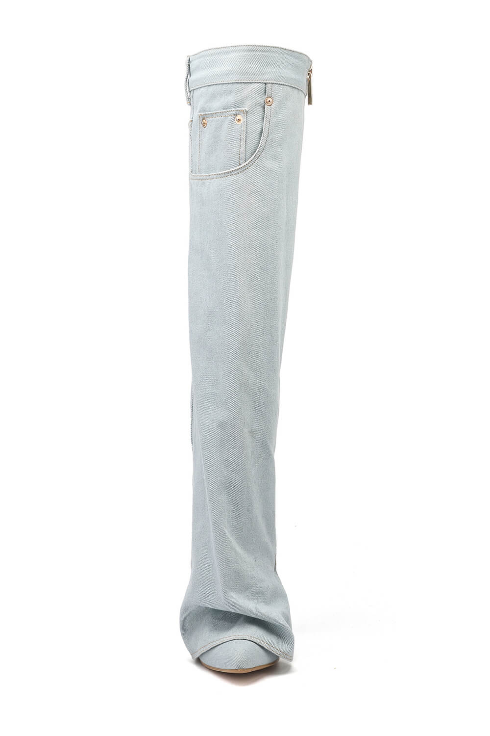 Denim Folded Pointed Toe Block Heel Over The Knee Pocket Boots - Light Blue