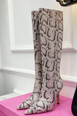 Snake Faux Leather Pointed Toe Knee High Stiletto Boots