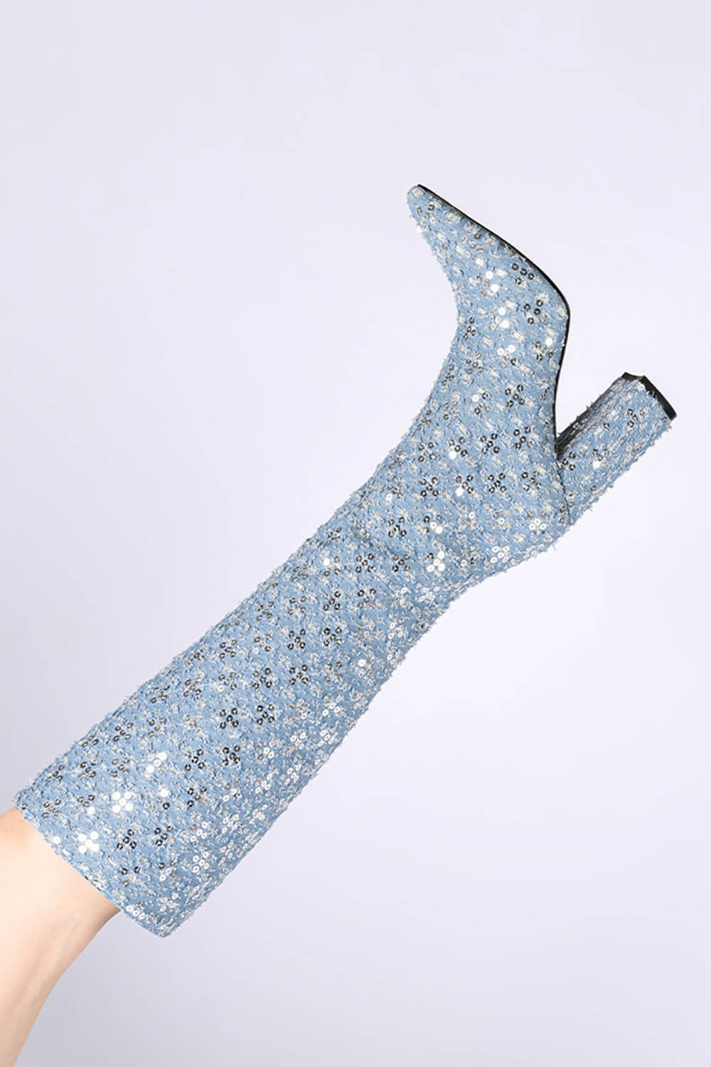 Denim Sequin Pointed Toe Block Heel Knee Long Boot