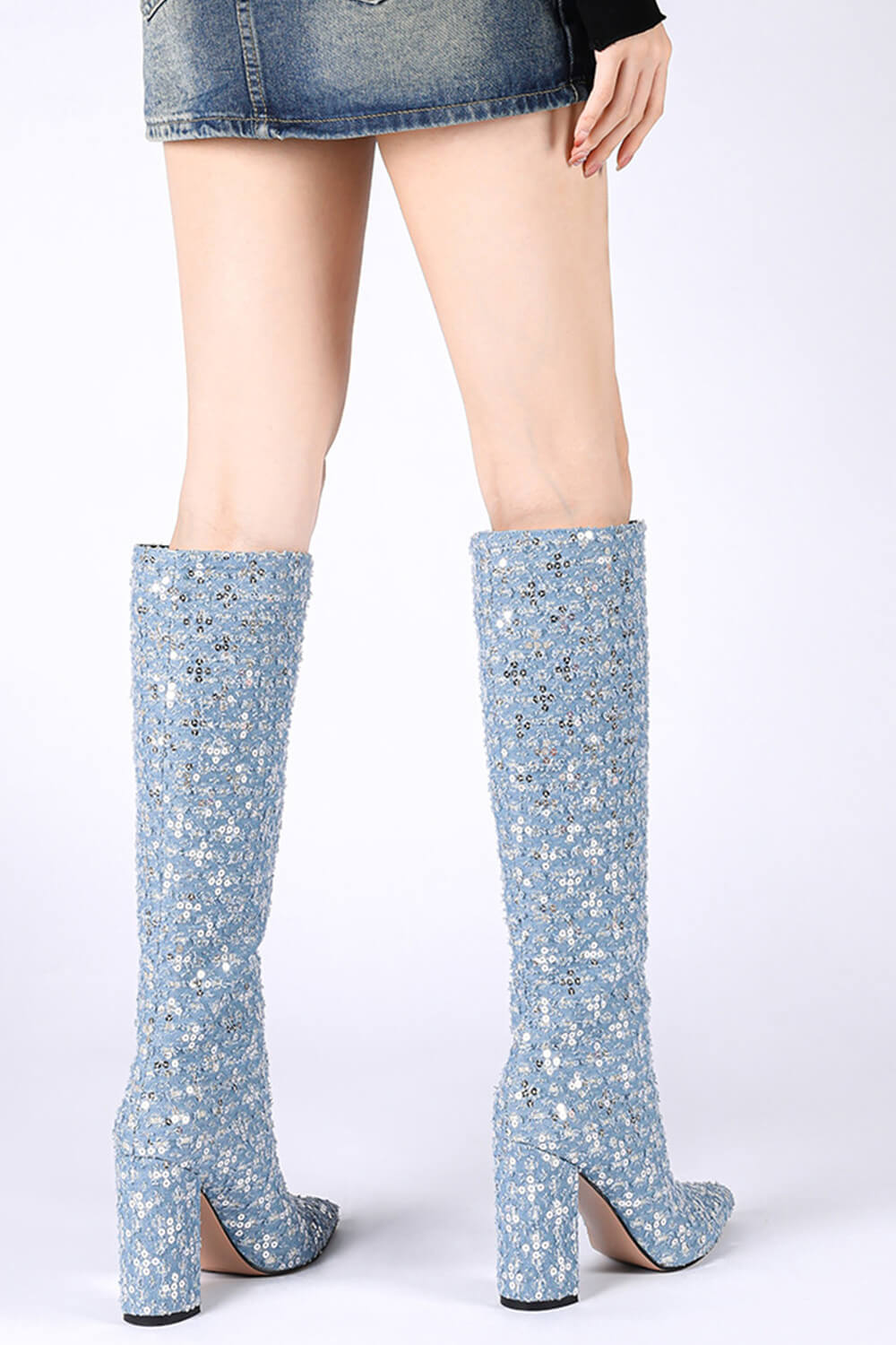 Denim Sequin Pointed Toe Block Heel Knee Long Boot