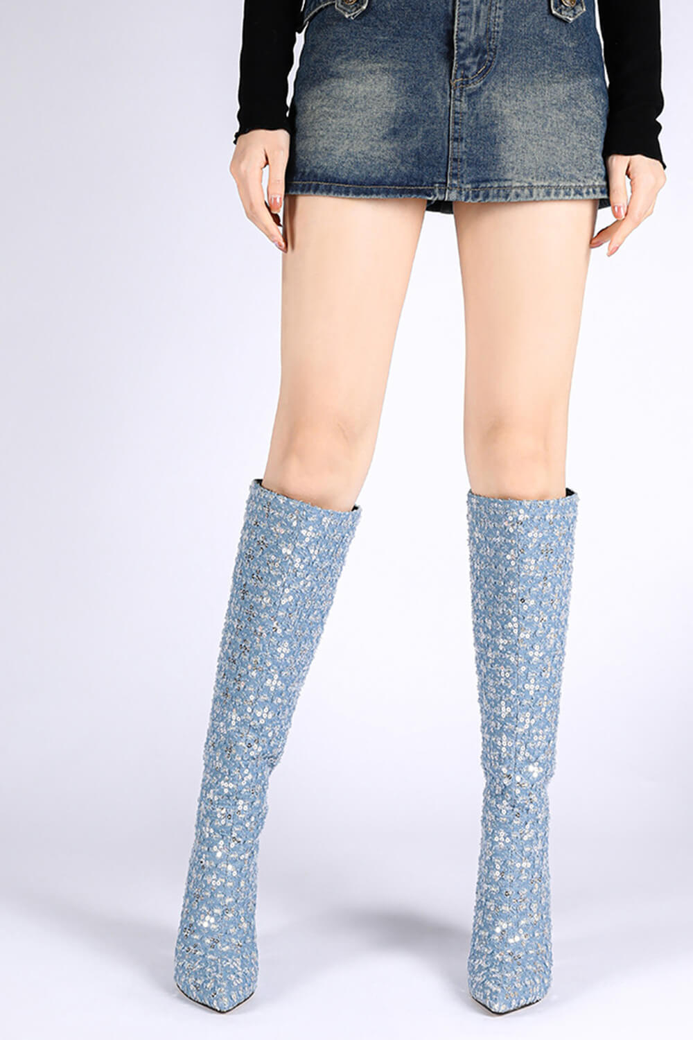 Denim Sequin Pointed Toe Block Heel Knee Long Boot
