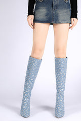 Denim Sequin Pointed Toe Block Heel Knee Long Boot