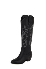 Leather Western Cowboy Almond Toe Knee High Block Heeled Boots - Black