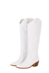 Leather Western Cowboy Almond Toe Knee High Block Heeled Boots - White