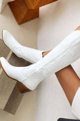 Leather Western Cowboy Almond Toe Knee High Block Heeled Boots - White