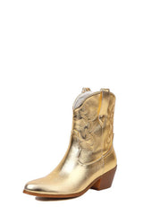 Metallic Western Cowboy Pointed Toe Block Heeled Ankle Boots - Gold