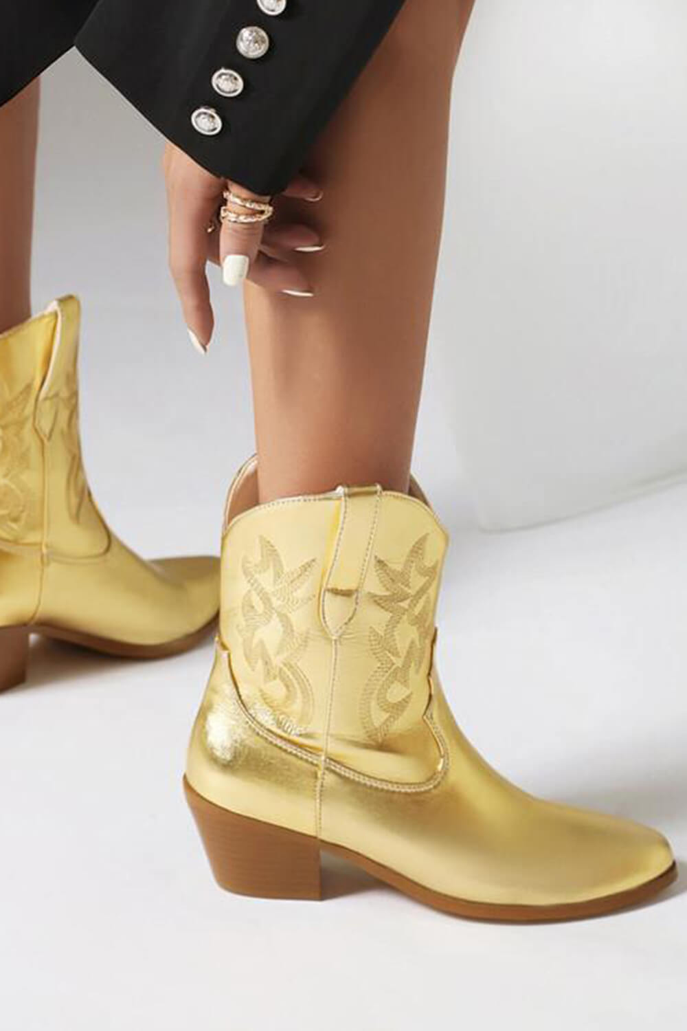 Metallic Western Cowboy Pointed Toe Block Heeled Ankle Boots - Gold