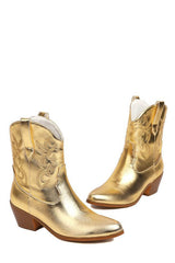 Metallic Western Cowboy Pointed Toe Block Heeled Ankle Boots - Gold