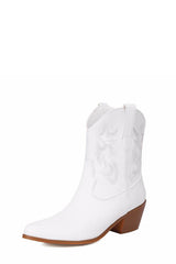 Metallic Western Cowboy Pointed Toe Block Heeled Ankle Boots - White