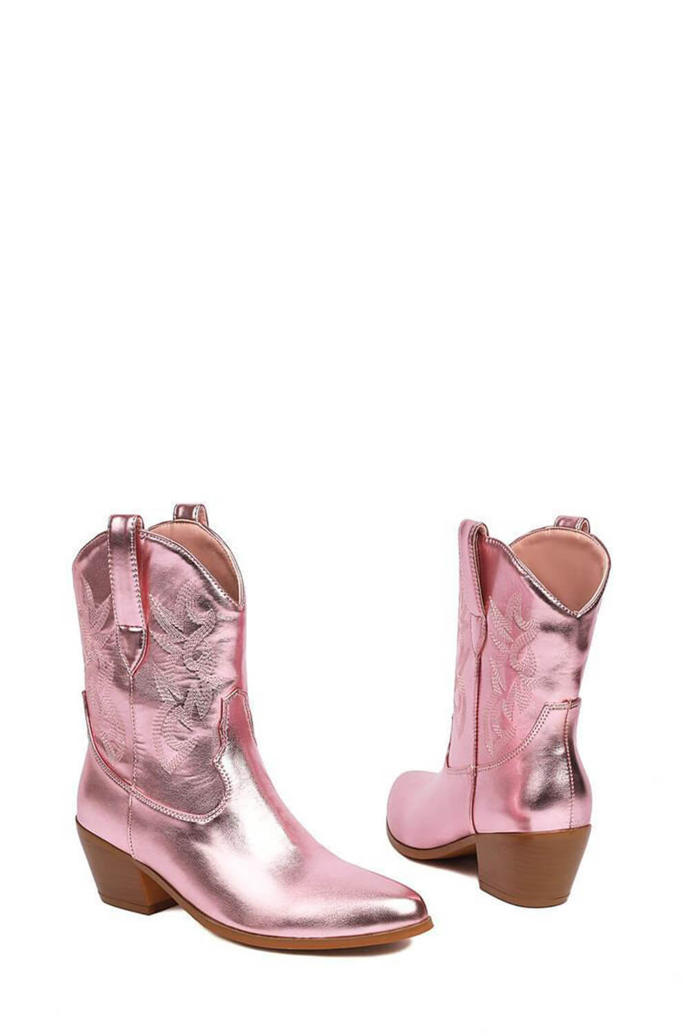 Metallic Western Cowboy Pointed Toe Block Heeled Ankle Boots - Pink