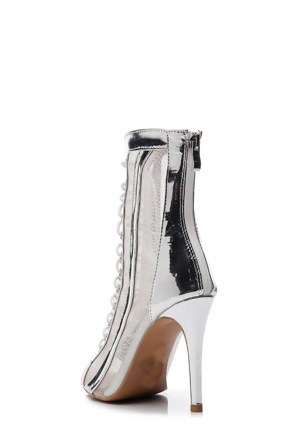 Mesh Cut Out Lace Up Peep Toe High Heeled Ankle Boots - Silver