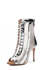 Mesh Cut Out Lace Up Peep Toe High Heeled Ankle Boots - Silver