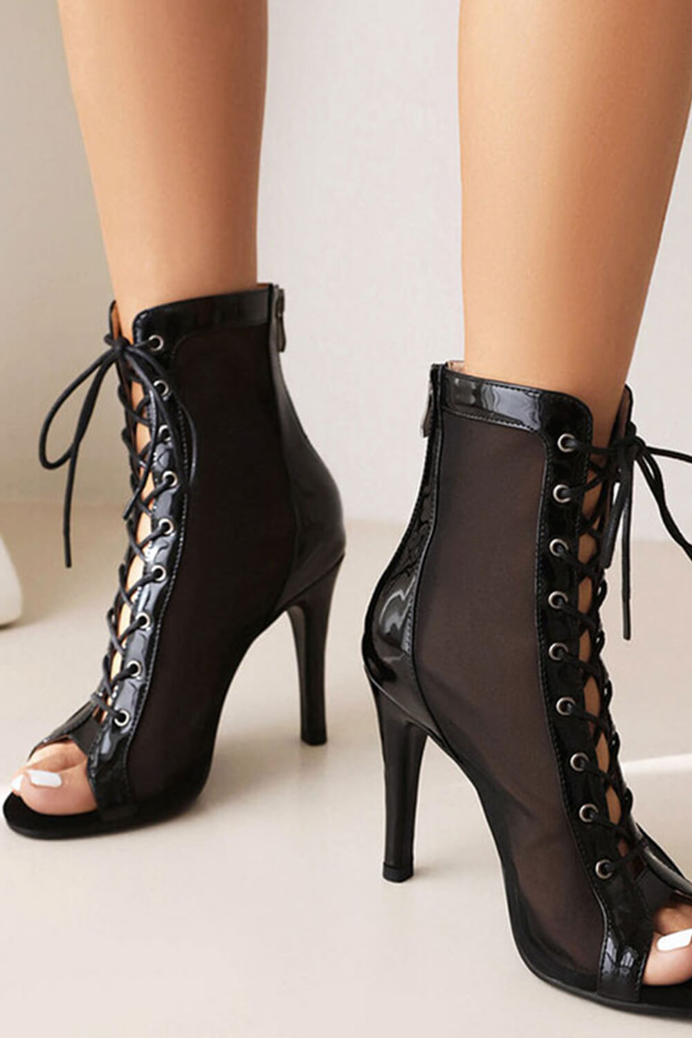 Mesh Cut Out Lace Up Peep Toe High Heeled Ankle Boots - Black