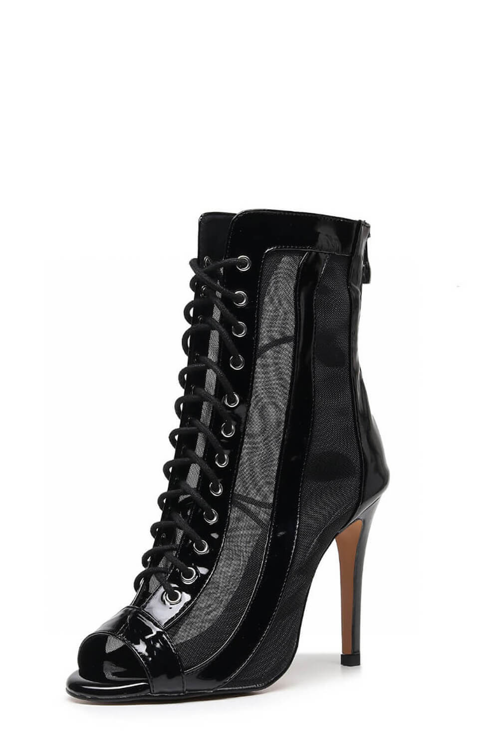 Mesh Cut Out Lace Up Peep Toe High Heeled Ankle Boots - Black